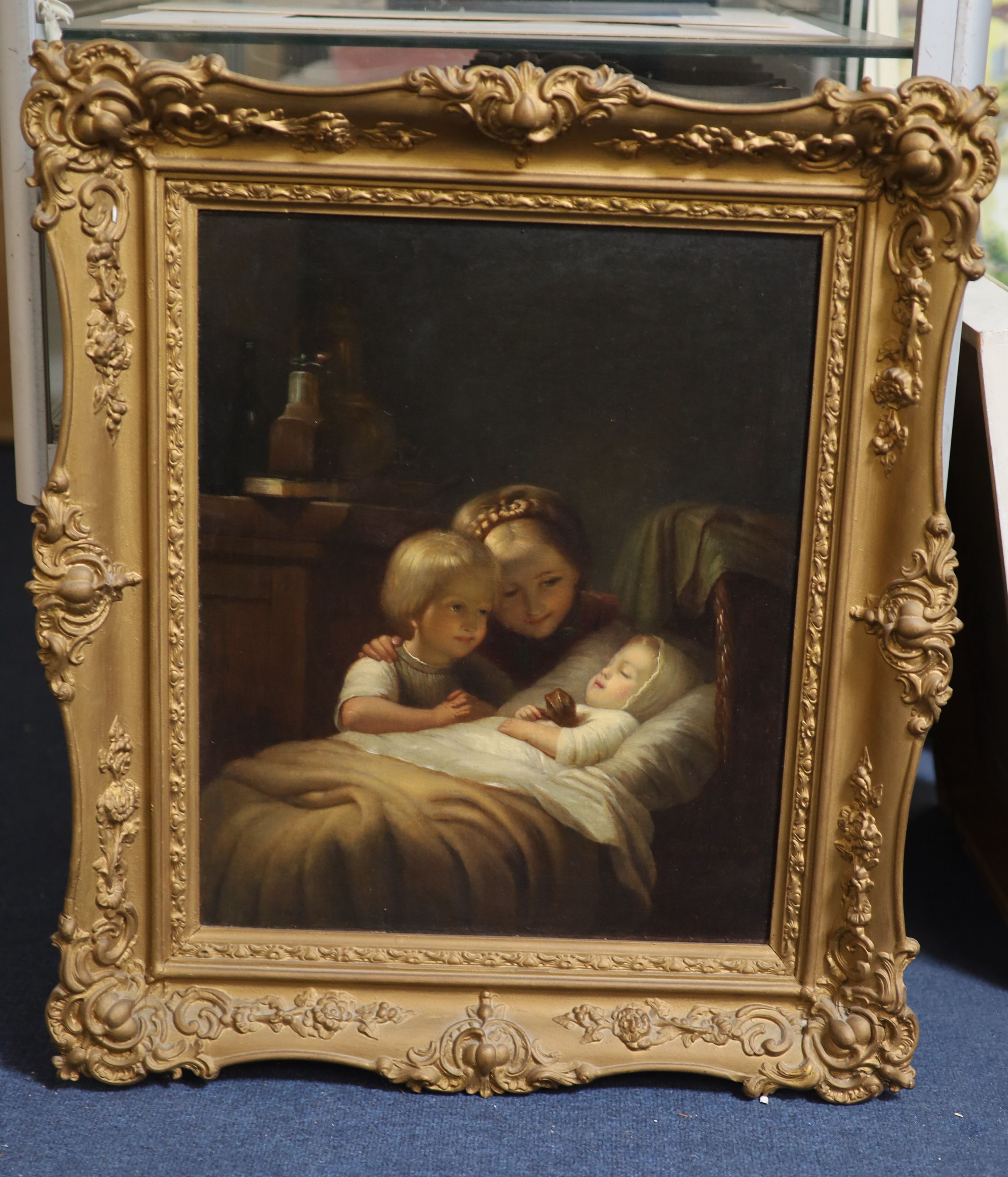 19th century German School, Two children looking at a sleeping baby, oil on canvas, 46.5 x 37.5cm